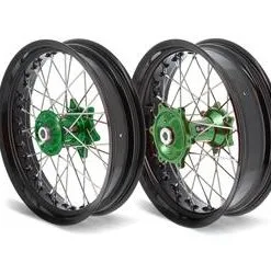 Bihr Kit Roues Complètes Avant + Arrière ART SM 17x3,50/17x4,50 Jante Noir/moyeu Vert Kawasaki
