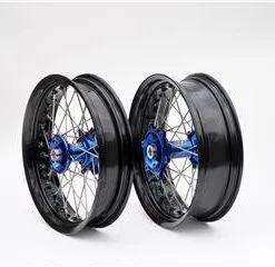 Bihr Kit Roues Complètes Avant + Arrière ART SM 17x3,50/17x5,00 Jante Noir/moyeu Bleu/rayons Argent/têtes De Rayons Argent